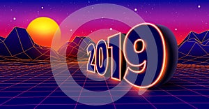 2019 neon sign for 80s styled retro New Years Eve celebration with arcade game grid landscape and yellow sun