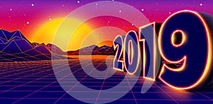 2019 neon sign for 80s styled retro New Years Eve celebration with arcade game grid landscape and yellow sun