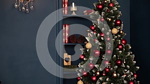 2019. New year 2019. New Year`s decor, colorful garlands, Christmas socks. Christmas tree on the Christmas tree