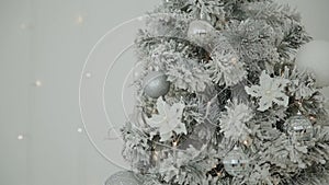 2019. New year 2019. New Year`s decor, colorful garlands, Christmas socks. Christmas tree on the Christmas tree