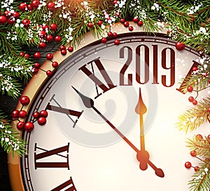 2019 New Year background with clock and fir branches.