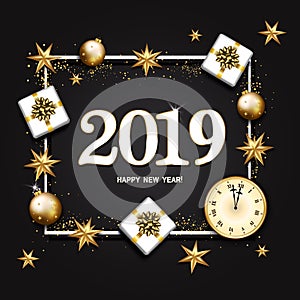 2019 New Year Background with clock, gift box, candy cane decorated, gold stars and bubbles on black. Vector illustration