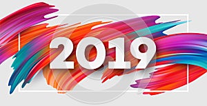 2019 New Year on the background of a colorful brushstroke oil or acrylic paint design element. Vector illustration