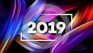 2019 New Year on the background of a colorful brushstroke oil or acrylic paint design element. Vector illustration