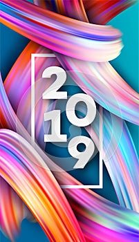 2019 New Year on the background of a colorful brushstroke oil or acrylic paint design element. Vector illustration