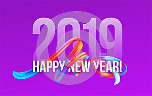 2019 New Year on the background of a colorful brushstroke oil or acrylic paint design element. Vector illustration