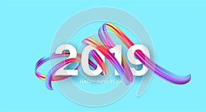 2019 New Year on the background of a colorful brushstroke oil or acrylic paint design element. Vector illustration