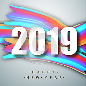2019 New Year on the background of a colorful brushstroke oil or acrylic paint design element. Vector illustration.