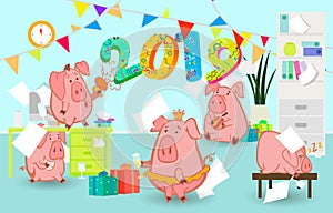 2019 New Year bash. Pigs celebrating party vector illustration. Cool vector flat character design on New Year or Birthday party wi