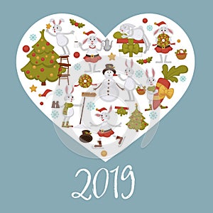 2019 new year celebration, symbols bunny character decorating snowman vector.