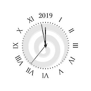 2019 New Year clock. Round retro clock with Roman numbers, and 2019 midnight numbers