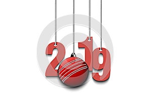 2019 New Year and cricket ball hanging on strings
