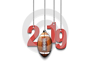 2019 New Year and football ball hanging on strings
