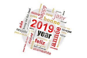 2019 new year multilingual text word cloud greeting card