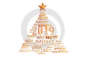 2019 new year multilingual text word cloud greeting card in shape of a christmas tree