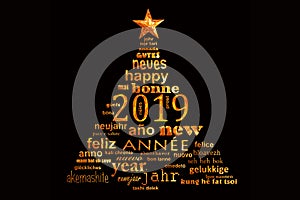 2019 new year multilingual text word cloud greeting card in shape of a christmas tree