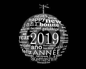 2019 new year multilingual text word cloud in the shape of a christmas ball