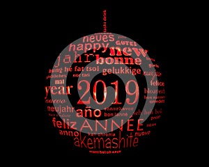 2019 new year multilingual text word cloud in the shape of a christmas ball