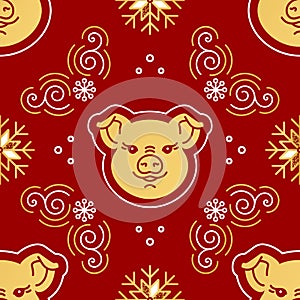 2019 New Year pattern seamless. Golden pig, swirls, curls, snowflakes, elegant red background. Chinese pattern, wrapping