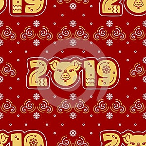 2019 New Year pattern seamless. Golden pig and text 2019, golden swirls, curls, snowflakes, elegant red background