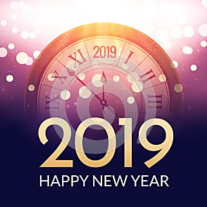 2019 new year shining background with clock. Happy new year 2019 celebration decoration poster, festive card template