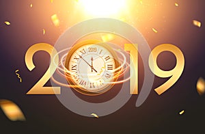 2019 new year shining background with clock. Happy new year 2019 celebration decoration poster, festive card template