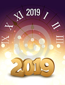 2019 new year shining background with clock. Happy new year 2019 celebration decoration poster, festive card template