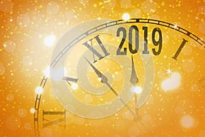 2019 New Year shining banner with clock. Vector