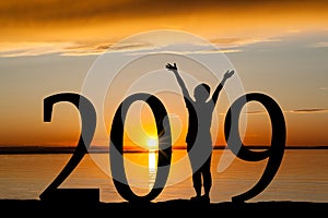 2019 New Year Silhouette of Woman at Golden Sunset