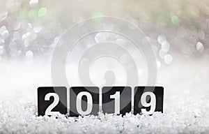 2019, new year on snow, abstract bokeh lights background
