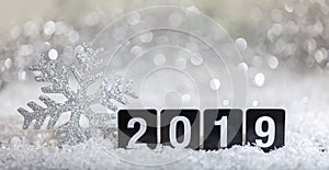 2019, new year on snow, abstract bokeh lights background