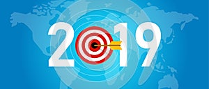 2019 new year target syombol of dart aiming for online media targeting and marketing strategy, blue background world