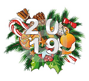 2019 New year vector illustration with sweets