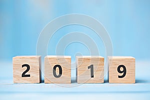 2019 new year wooden cubes on blue table background with copy space for text. Business Goals, Mission, Resolution, New Year New