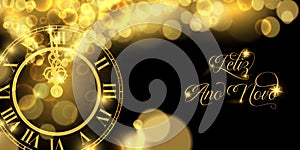 2019 New Years eve gold clock banner in portuguese