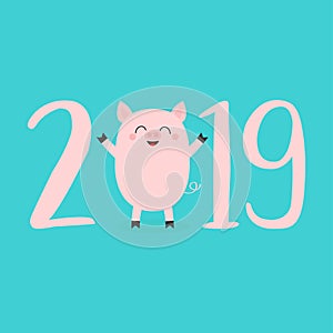 2019 pink text. Cute baby pig. Piggy piglet. Happy New Year Chinise symbol. Cartoon funny kawaii smiling character. Flat design.