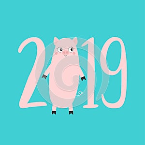 2019 pink text. Cute pig. Piggy piglet. Happy New Year Chinise symbol. Cartoon funny kawaii baby character. Flat design. White