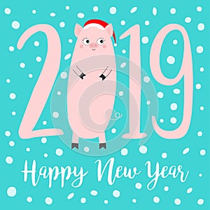 2019 pink text. Cute pig. Piggy piglet. Happy New Year Chinise symbol. Snow flake. Cartoon funny kawaii baby character. Flat