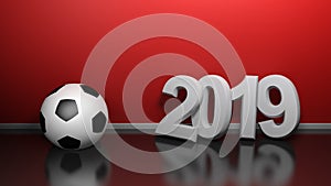 2019 at red wall with soccer ball - 3D rendering illustration