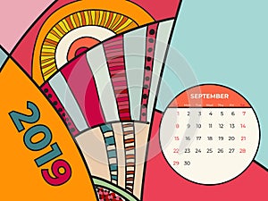 2019 September calendar abstract contemporary art vector. Desk, screen, desktop month 09,2019, colorful 2019 calendar template