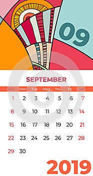 2019 September calendar abstract contemporary art vector. Desk, screen, desktop month 09,2019, colorful 2019 calendar template