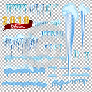 2019 Snow with icicles and snow drifts. Winter snow caps with ice. Set of different blue and white snowy frames for decoration. Ve