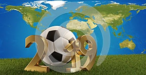 2019 soccer ball green grass background and world map 3d-illustration. elements of this image furnished by NASA