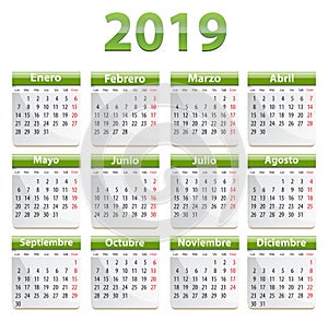 2019 Spanish calendar green and glossy