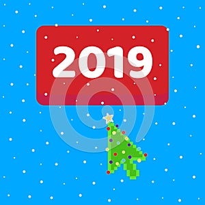 2019 almost starts, red button enter page with xmas tree cursor pointer push button.