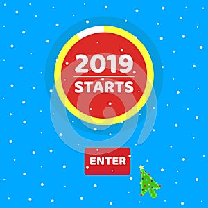 2019 almost starts, red button enter page with xmas tree cursor pointer push button.
