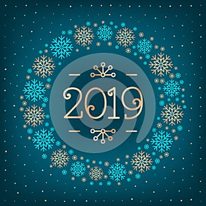 2019 text Christmas card Happy New Year holiday greeting card. 2019 number, wreath of snowflakes, dark turquoise elegant