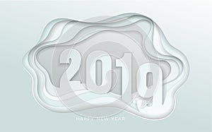 2019 White number text design typography pattern. Paper art and digital craft style. Happy new year and winter season. Text Vector