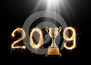 2019 written with Sparkle firework with champion golden trophy o