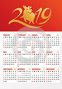 2019 year calendar with Chinese symbol of the year - pig